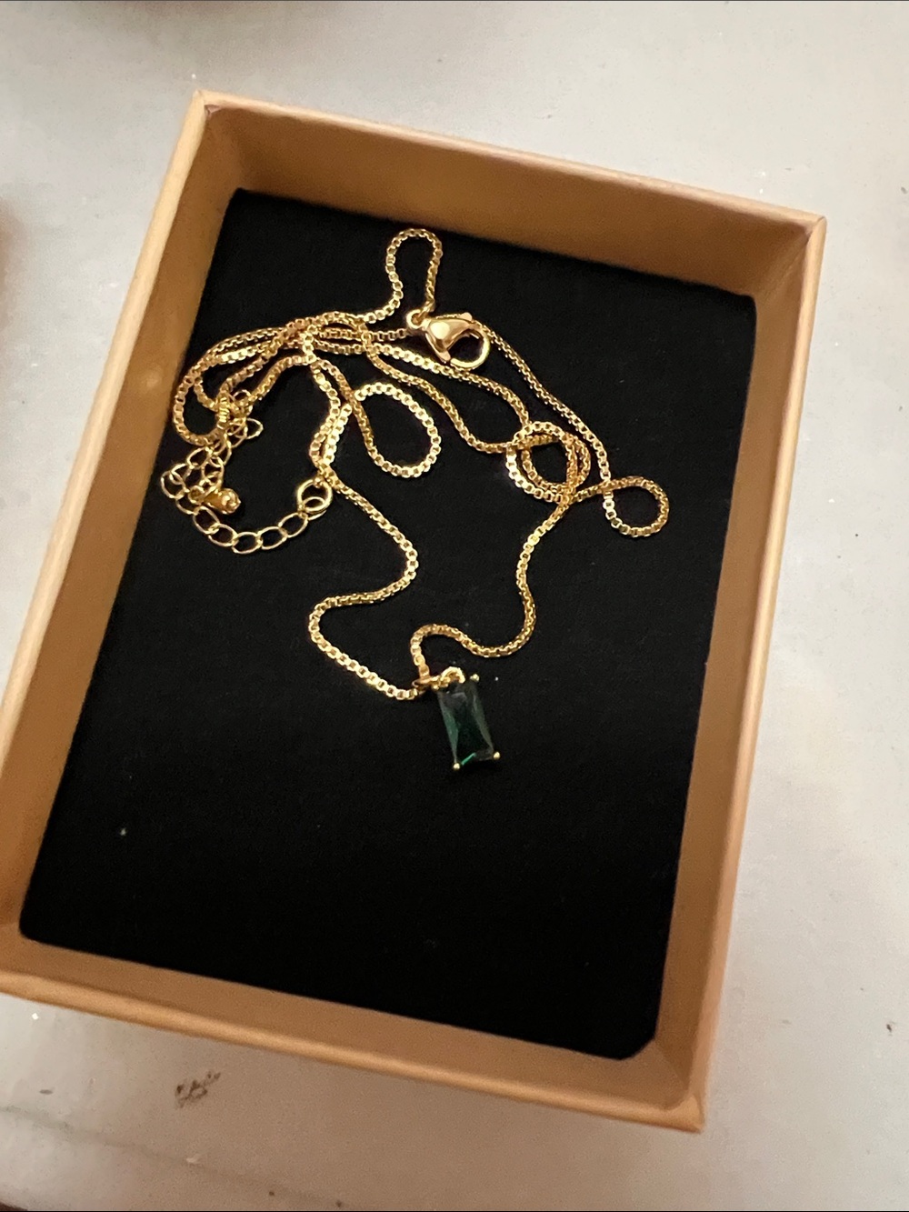 Gold Chain Necklace with Emerald Green Rectangular Pendant